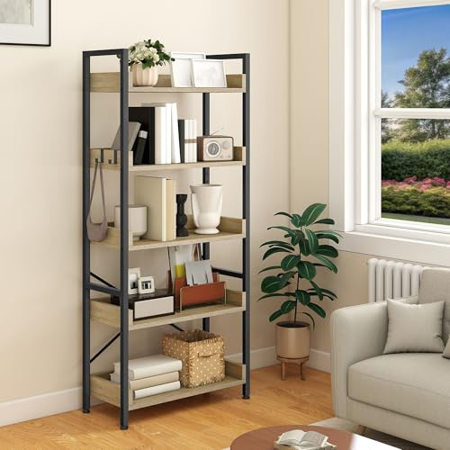 YITAHOME Bücherregal mit 5 Ebenen, hohes, schmales dünnes Holzregale, Holzregal, industrielle Aufbewahrungseinheit für Wohnzimmer, Home Office – Eichenfarbe
