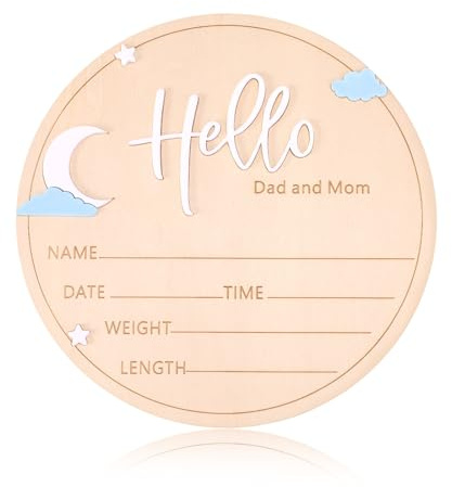 Lyreh Baby-Ankündigungsschild, Rundes Hello World Baby Geburtsschild mit Mond und Sternenmuster Neugeborenen Schild für Jungen Mädchen Erinnerungsfoto-Requisiten Kinderzimmer Zuhause Dekoration