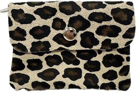 J26 Kleines Rauleder mini Geldbörse Leopard Rauhleder Veloursleder Leder Portemonnaie Beutel Wallet Unisex echtes Leder Leo (Leo Khaki)