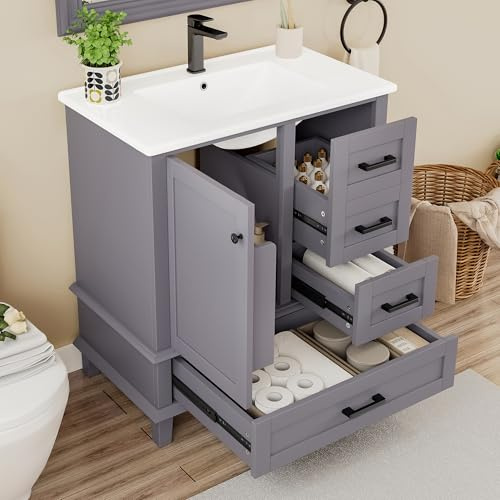 Lcoho 76x46x83,5cm Bodenstehender Badezimmerschrank mit Waschbecken, Waschtisch, Volllackierung, Türregal, DREI geräuschlose Schubladen, integriertes Keramikwaschbecken (Grau)