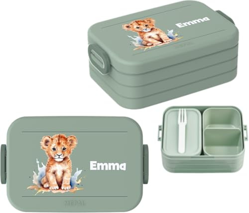Mepal Brotdose To Go mit Namen – Personalisierte Bento Lunchbox für bis zu 4 Brote – mit Fach & Gabel – BPA-frei, spülmaschinenfest – 900 ml Midi – Nordic Sage - Löwe