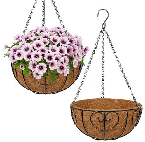 Oairse 2er Set Hängepflanzkorb Metall mit Kokosfaser-Einsatz Hängende Blumentöpfe Ø25 cm Blumenampel mit Haken & Abnehmbarer Kette, Deko Hängekorb für Balkon, Terrasse & Garten