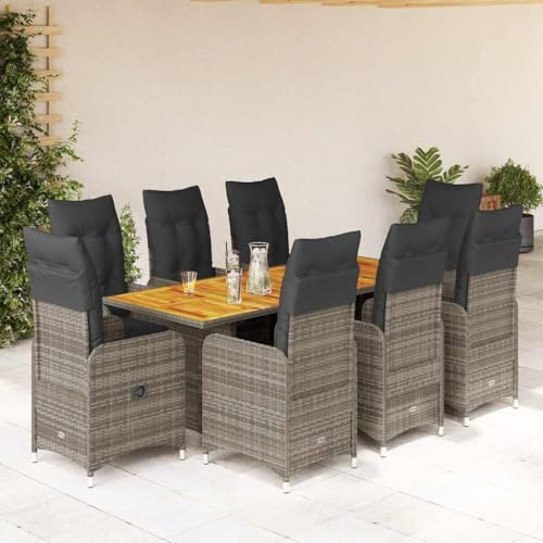 QJBSAVVA 9-TLG. Gartenmöbel-Set aus Poly-Rattan mit Akazienholz-Tisch 190x80x75 cm grau Klappstühle mit Verstellbarer Lehne und Kissen für Balkon Terrasse Gartenlounge