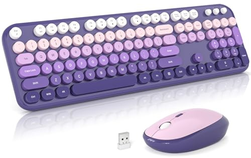 Atelus Teclado y mouse inalámbricos, teclado USB retro de 2.4 G de tamaño completo y bonito mouse para Windows 7/8/10, laptop, escritorio, PC, computadora (morado)