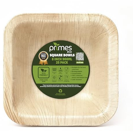PRIMES ECO Square Disposable Palm Leaf Bowls -Eco Friendly Biodegradable & Compostable Areca Leaf Tableware for Hot & Cold Food, Soup, Salad, Dessert, Parties & Catering (25, 8 Inch)