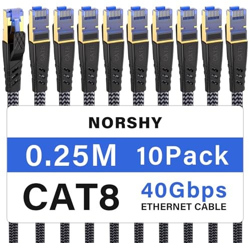 NORSHY Cat 8 LAN Kabel 0,25m (10-Stück), 40Gbps Netzwerkkabel 2000MHz Gigabit Hochgeschwindigkeits Internetkabel, Flach S/FTP RJ45 Kabel Geflochtener Patchkabel für PS5/PS4, Switch,TV, Modem,Router