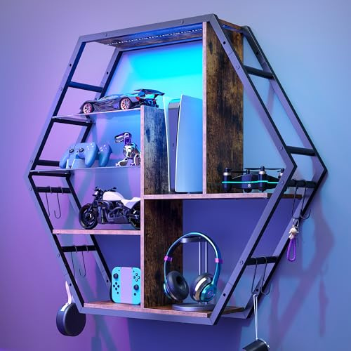 Floating Shelves with RGB LED Lights, Hexagonal Wall Mounted Display Shelf, Gaming Room Decor Storage Shelves with 8 S Hooks, Tempered Glass Shelving, Sturdy Metal Frame Wall Shelf for Bedroom (Brown)