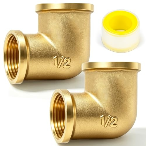 CONJURAIDE 2 Stück 1/2 Zoll Winkel 90 Grad, Messing Fitting 1/2 Zoll Winkel 90° mit Gewindedichtband Winkelverschraubung G1/2 (IG Ø20mm x IG Ø20mm) für Trinkwasser Geeignet Rohranschluss
