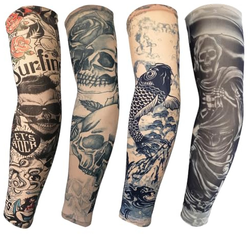 XETHI 4 pcs Fake Tattoo Sleeve | Stretch Tatoo Sleeves for Men Women for Cycling Fishing Outdoor Use