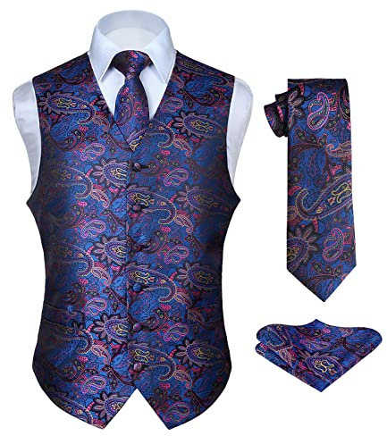 Hisdern Men's Classic Paisley Floral Jacquard Waistcoat&Necktie and Pocket Square Vest Suit Set, 3XL(Chest 54inch), Blue & Pink