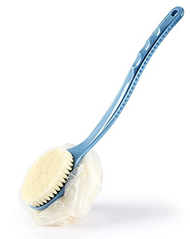 Shower Body Brush with Bristles and Loofah,Back Scrubber Bath Mesh Sponge with Curved Long Handle for Skin Exfoliating Bath, Massage Bristles Suitable for Wet or Dry, Men and Women (Blue)