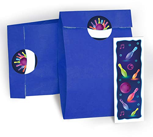 Mitgebsel Set aus 12 Geschenktüten / dunkelblau, 12 Aufkleber und 12 Lesezeichen Bowling neon / Gastgeschenk bei Geburtstag Kindergeburtstag Hochzeit Taufe Einschulung für Kinder Jungen Mädchen