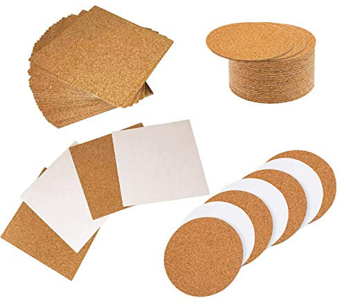 80 Stück Selbstklebende Korkuntersetzer Runde und Quadrat, Allazone 9 x 9CM Korkmatten Korkunterlage Korkfliese für Untersetzer und Heimwerker