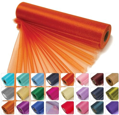 WedDecor 25m x 29cm Snow Sheer Organza Rolls Glitter Fabric for Table Runner Sashes Wedding Decoration, Chair Cover Bows, Table Back Drop, Ribbon Crafting Supplies, Burnt Orange