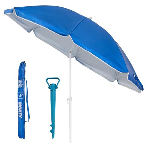 Pack de sombrilla de playa de 8 varillas y soporte de arena con protección solar UPF+50 de acero y nylon azul, de Ø 220 cm