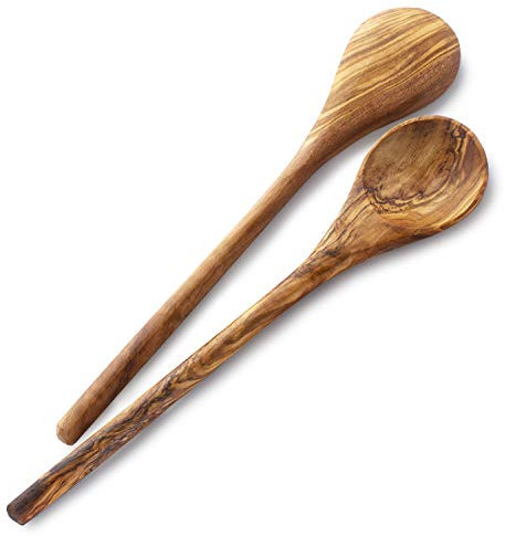Forest Decor - Cucchiaio da cucina in legno, utensili da cucina fatti a mano in legno di ulivo, prodotto in Germania Rotonda - Confezione da 2