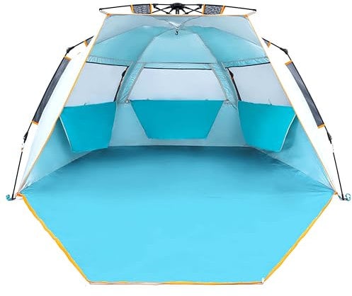 WolfWise Strandmuschel UV-Schutz 50+, 3-4 Personen Strandzelt mit Quick-Up-System, Sonnenschutz Windschutz mit erweiterbarem Boden Sonnenzelt Automatik Tragbar für Familie Camping Garten Strand Blau