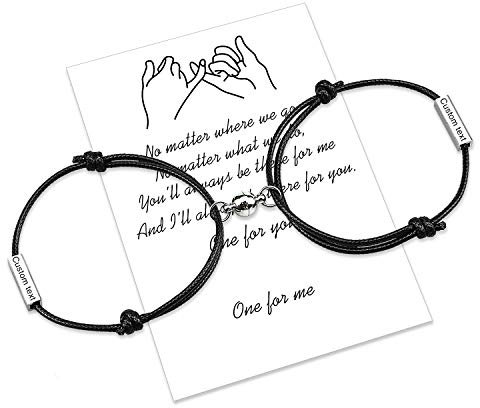 uwows Anpassen Attraktionsseil Geflochtene 2-teilige Armbänder mit Magnetglocken 4 Seiten Graviert Perfektes Schmuckgeschenk für Paare, Familien, Schwestern, Bestfriends (Black-Wachsseil)