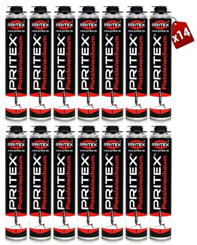 PRITEX – Pistolenschaum 14x 750 ml zum Verfüllen, Dämmen & Abdichten – Montageschaum mit hervorragender Schall- & Wärmedämmung – Bauschaum für Montagepistole