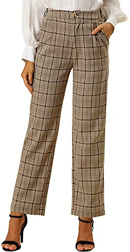Allegra K Damen Plaid Pants Elastische Taille Casual Arbeit Büro Lange Hose - Braun - Klein