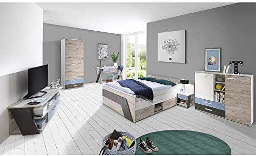 Jugendzimmer Kinderzimmer Komplett Set, Sandeiche mit weiß Lava blau, 140 x 200 cm Jugendbett, Kleiderschrank, Nachttisch, Kommode, TV Lowboard, Schreibtisch