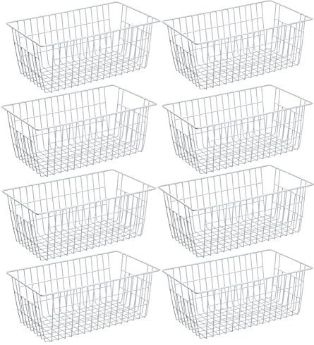 SANNO Freezer Baskets Pantry Storage Bins, Farmhouse Wire Storage Baskets Organizer Storage Bins Large Organizer Bins for Kitchen Organization Storage-Set of 8,White