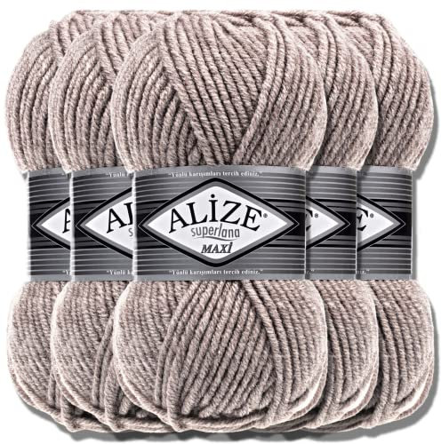 Alize 5 x 100g Superlana Maxi Türkische Premium Wolle Baumwolle und Acryl Uni Handstrickgarne | Yarn | Garn | Strickgarn Einfarbig Baby zum Häkeln Stricken Kleidung Schals (Light Brown Melange | 207)