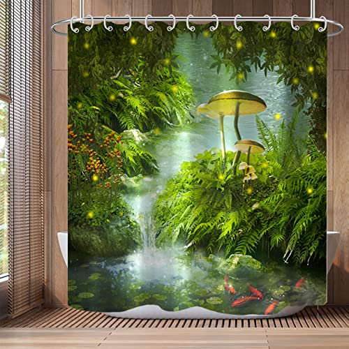 Bovlleetd Fluss-Duschvorhang, natürliche Landschaft, grüne Pflanzen, Lotusblatt, Stein, großer Pilz, Duschvorhänge, wasserdicht, Badezimmer-Trennwand, dekorativer Vorhang 152x183cm