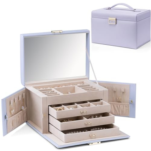 Vlando Large Jewellery Box for Women Lockable Jewellery Boxes with 3 Drawers Jewelry Storage Earrings, Rings, Necklaces, Bracelets, Brooches, Watches Organiser