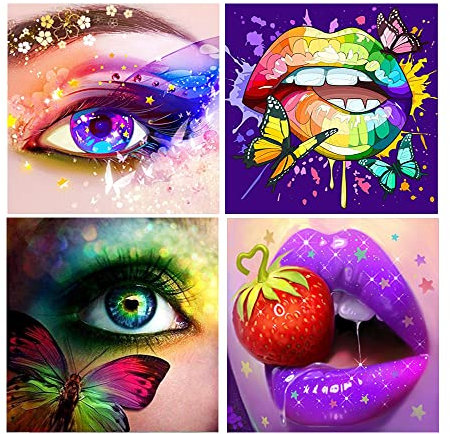 Diamant Painting 4er Set 30x30 cm Diamond Painting Bilder Erwachsene Kinder 5D DIY Diamant Painting Malerei Malen nach Zahlen Auge und Mund Daiments Bausätze Mosaik Klebebilder Erwachsene Kreuzstich