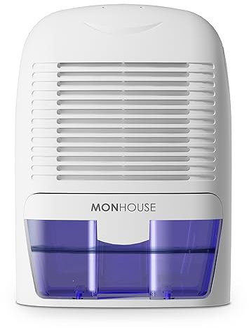 MONHOUSE Deshumidificador 1500ml Portatil, Compacto Y Silencioso - Mini Deshumidificador De Aire Para El Hogar, Oficina, Garaje, Caravana Y Sotano - Eliminador De Moho Electrico - Blanco Y Morado