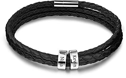 OTXIXTO Bracelet Cuir avec Personnalisé Nom Anneaux Boucle Magnétique Cadeau de ID Bracelet pour Lui Homme Papa Petit Ami Grand-père Mari S2