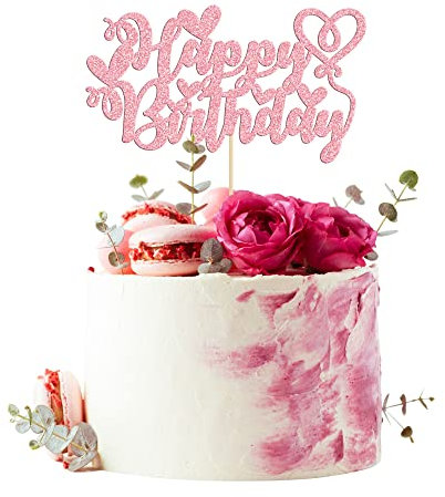 1 Pack Happy Birthday Cake Topper with Love Heart Glitter Valentine's Day Cake Picks Love Theme Baby Shower Kids Birthday Party Cake Decorations Supplies Pink