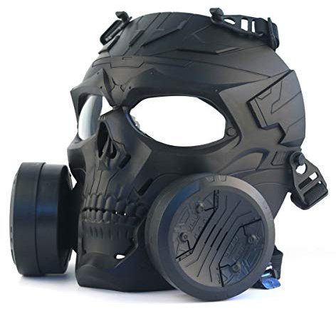JEIMAI Airsoft Full Face Schädel Maske, BBS Paintball Schutz Gear Taktische Maske für Schießen CS Spiel Cosplay Halloween mit Doppel Turbo Fan (Schwarz klare Linse)
