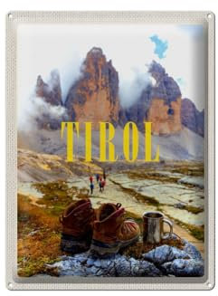 mrdeco Cartel de metal 30 x 40 cm curvado Tirol Wanderrung Zapatos bebida fría decoración cartel de lata sign
