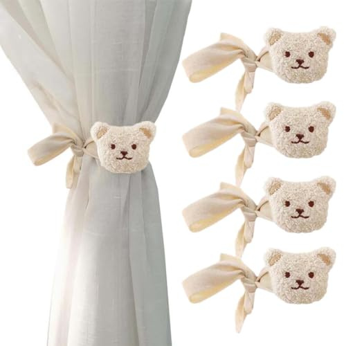 AOOPOO 4 Stück Gardinenclips Raffhalter Seil, Cartoon Bär Vorhanghalter, Bär Vorhang Raffhalter, Gardinen Haken Ringe Bär für Kinderzimmer Dekoration