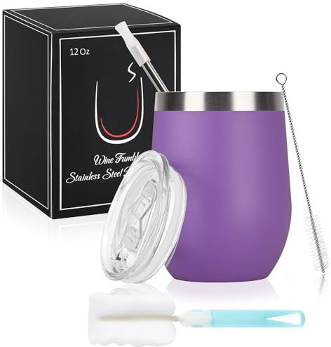 Joymaking 12oz Insulated Stainless Steel Wine Tumbler with Lid and Straw, Double Walled Wine Glass Tumbler Gift for Women, Great for Hot & Cold Drinks -Wine, Champagne, Coffee, Ice Cream, Purple