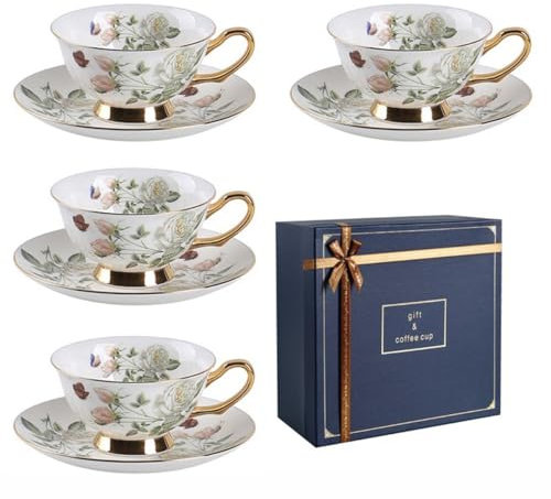 HSTWODE-8 Stück Europäischen Blumen Tee Set,Bone China Tee Set Service Kaffee Set, 9 Optionen.Mit Geschenkbox, für hochwertige Geschenke und Haushalt, Hochzeit. (Weiße Rose Muster)