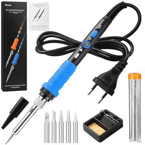 Saldatore a Stagno, Wiecok 60W Saldatore di Precisione Professionale con Temperatura Regolabile 200~450 ℃, Interruttore ON/OFF, 5 Punte per Saldatore, 15g Filo di Saldatura per Piccole Riparazioni