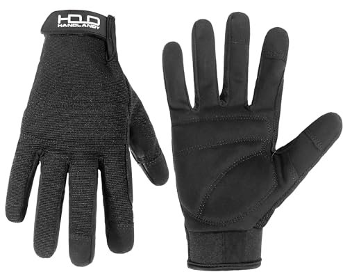 HANDLANDY Herren-Arbeitshandschuhe, Touchscreen, Kunstleder, Gartenhandschuhe, flexibel, atmungsaktiv, Spandex-Rückseite, gepolsterte Knöchel und Handfläche (Schwarz, L)
