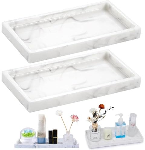 XINSUO® 2 Pezzi Vassoio da Bagno in Silice,20 * 10cm Vassoio Portaoggetti da Bagno in Silice,Assoio Portaoggetti per Bagno Facile da pulire, Organizza Efficacemente gli Oggetti(Marmo Bianco)