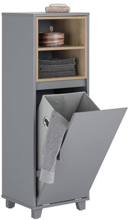 SoBuy Meuble Bas de Salle de Bain, Armoire de Rangement Salle de Bain, Meuble Demi-Colonne sur Pied, Placard WC Étroit avec 1 Panier à Linge, Gris, 35x30x105cm, BZR146-DG