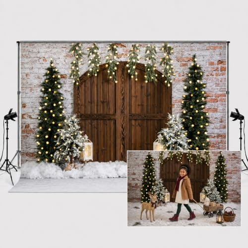 Kate Fotografie-Hintergrund, 3 x 2 m, Winter, Weihnachten, rustikale Holztür, Weihnachtsbaum, Ziegelwand, Kindergeburtstag, Familienporträt, Hintergrund, Dekoration, Fotostudio-Requisiten