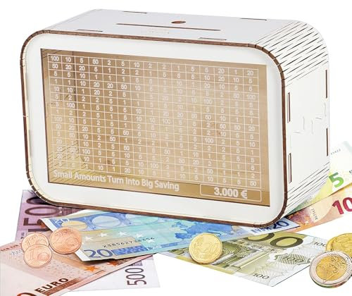 LOVLEY Spardose 3000 Euro mit Zählwerk aus Holz – weiße Sparbox mit Schweinchen-Muster für Erwachsene – Geschenkidee & Deko