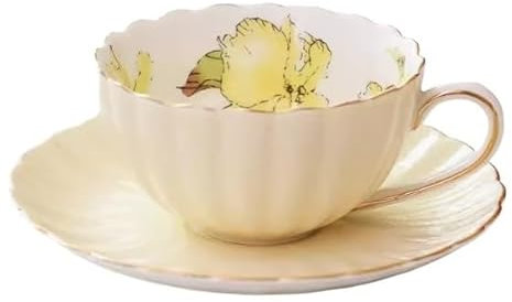 GUOXU Palace Style Tea Cup Set Tea Cups with Saucers Set with Cup Rack 7 Oz Coffee Cups Set of 2 Pcs Or 6 Teacup(Yellow,One piece)