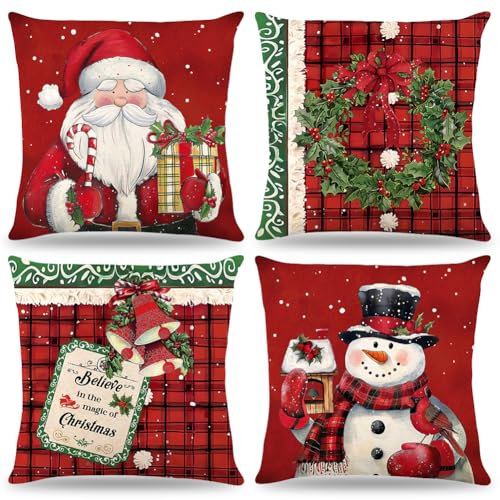 ZJILIXIA 4 Stück Weihnachten Kissenbezüg 40x40 cm,Weihnachtsdeko Kissenbezug,Dekokissen,Leinen Kissenhülle Weihnachten,Weihnachtsdeko Für Wohnzimmer Schlafzimmer Sofa Decorations (Rot)
