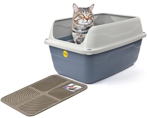 Cat Centre Katzenklo XL Offen Mit Extra Hohem Rand Katzentoilette Ohne Deckel Mit Grauer Katzenstreu Matte Grau XL 56 x 40 cm
