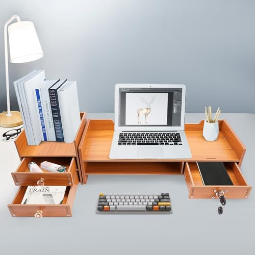 Shiyinge Schubladen MonitorstäNder MonitorerhöHung Monitor Organizer Halter Stand Holz Schreibtischaufsatz Computer Booster Stand für Arbeitszimmer Büro und Schreibtisch usw Gesamtbelastbarkeit 5KG