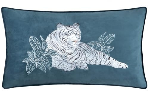 Paoletti Odisha White Tiger Embroidered Feather Filled Cushion - Blue - 30x50cm
