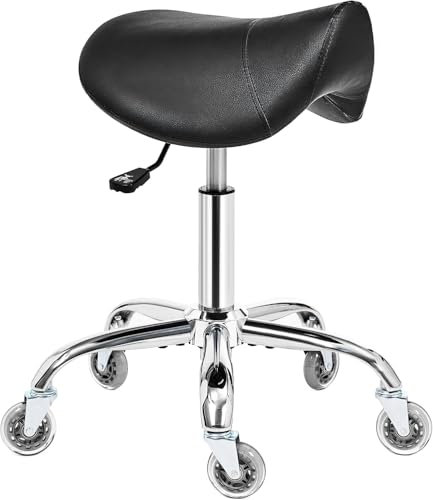BEWISHOME Sattelhocker mit Rädern, schwenkbarer, Verstellbarer Rollhocker, strapazierfähiges PU-Leder mit breitem Sitzpolster, ergonomisch für Schönheitssalons, Spas und Kliniken (Schwarz)